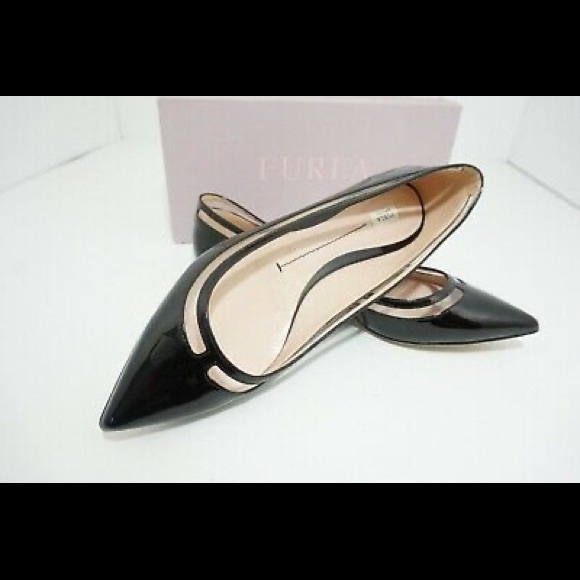 Furla Shoes - FURLA Black Patent Pointed Toe Flats Size 39 Shiny Leather with See Through Side